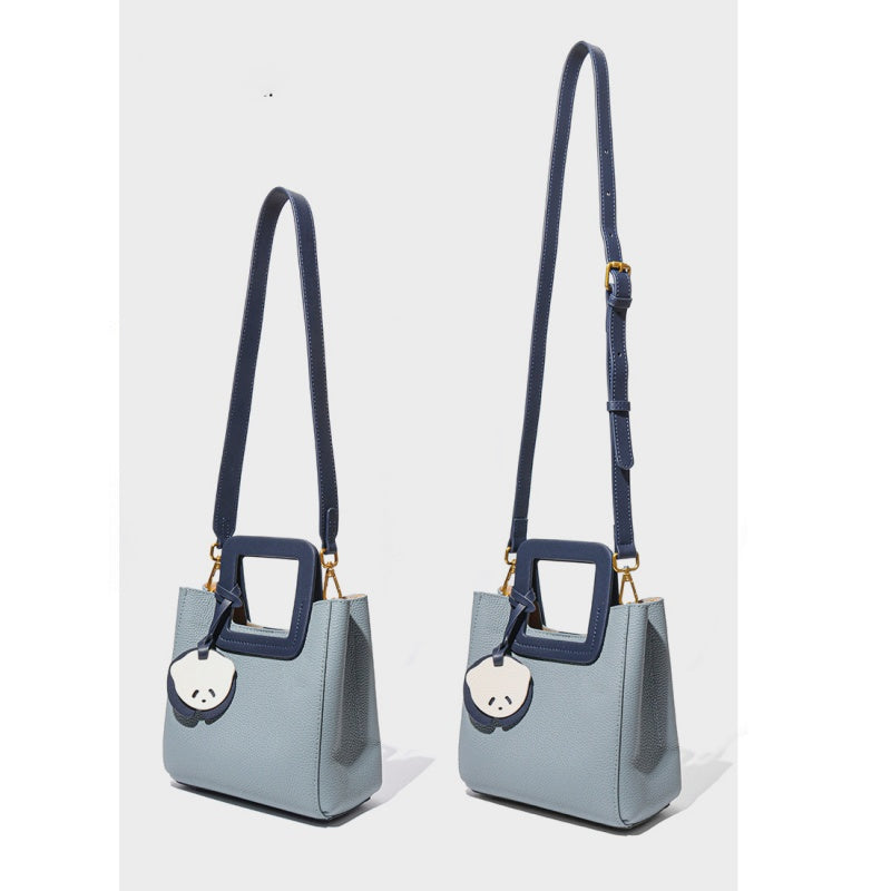 GOKA & MESCHÉ Stylish Mini Tote Handbag – Light Blue Top-Grain Leather with Square Handle & Panda Charm (19 x 9 x 19 cm)