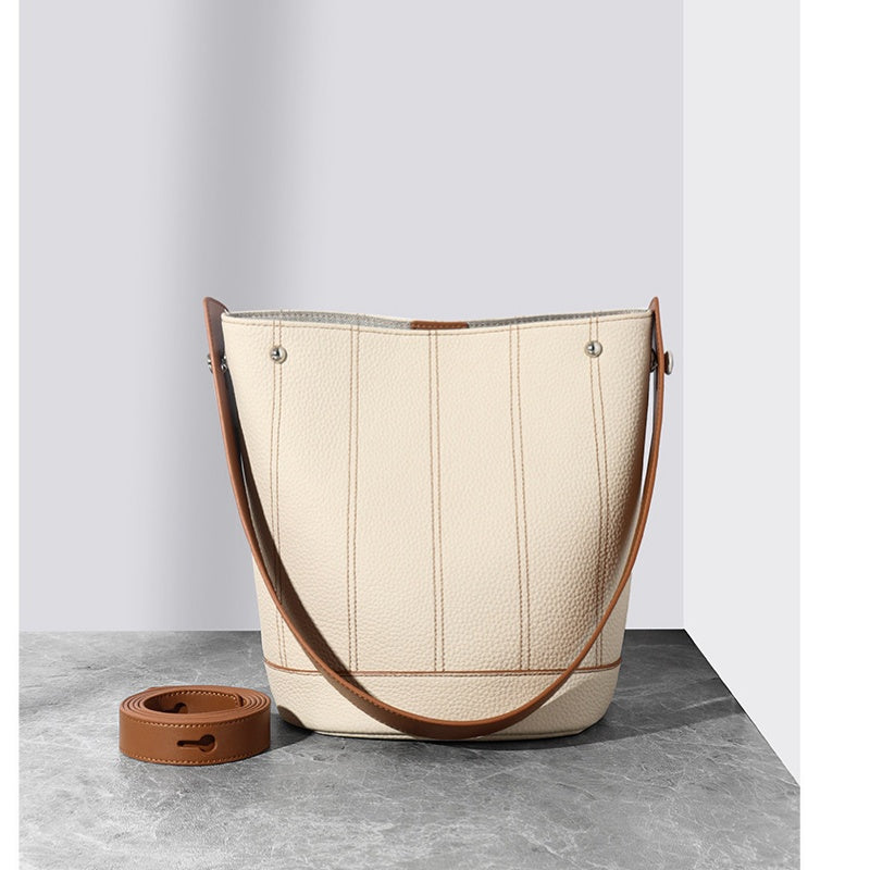 GOKA & MESCHÉ Premium Leather Bucket Bag – Beige with Tan Straps, Top-Grain Leather Tote (27 x 23 x 17 cm)