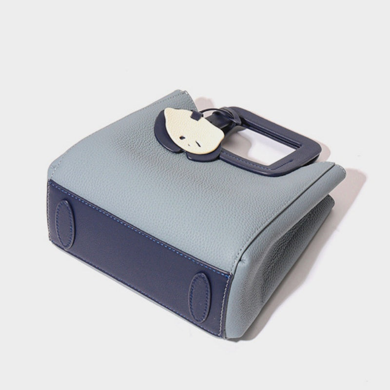 GOKA & MESCHÉ Stylish Mini Tote Handbag – Light Blue Top-Grain Leather with Square Handle & Panda Charm (19 x 9 x 19 cm)