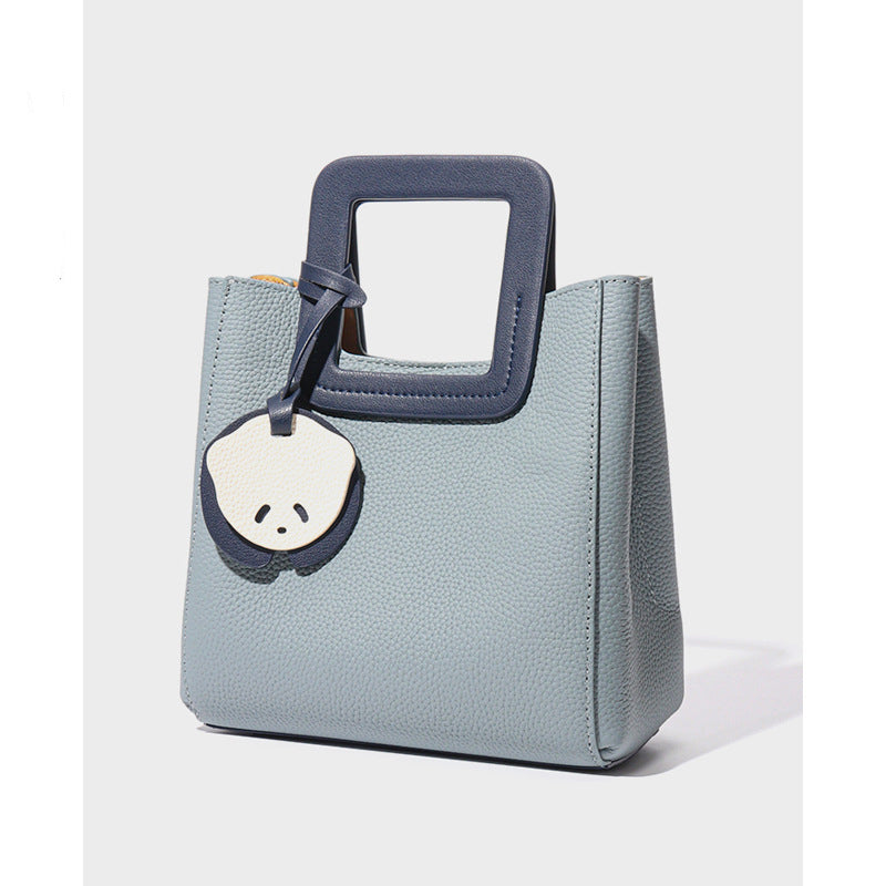 GOKA & MESCHÉ Stylish Mini Tote Handbag – Light Blue Top-Grain Leather with Square Handle & Panda Charm (19 x 9 x 19 cm)