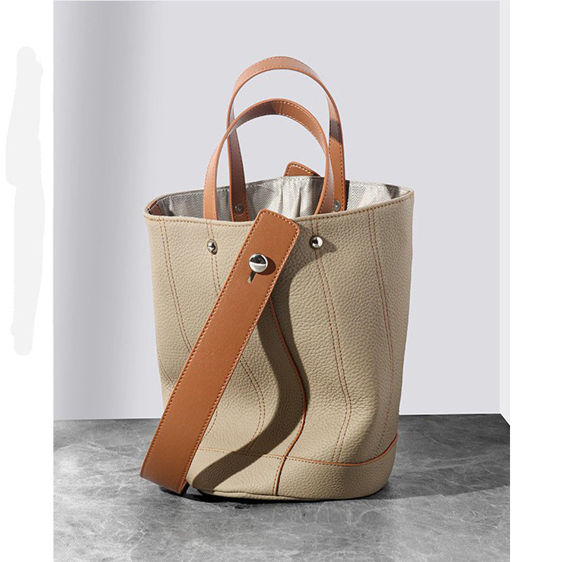 GOKA & MESCHÉ Premium Leather Bucket Bag – Beige with Tan Straps, Top-Grain Leather Tote (27 x 23 x 17 cm)