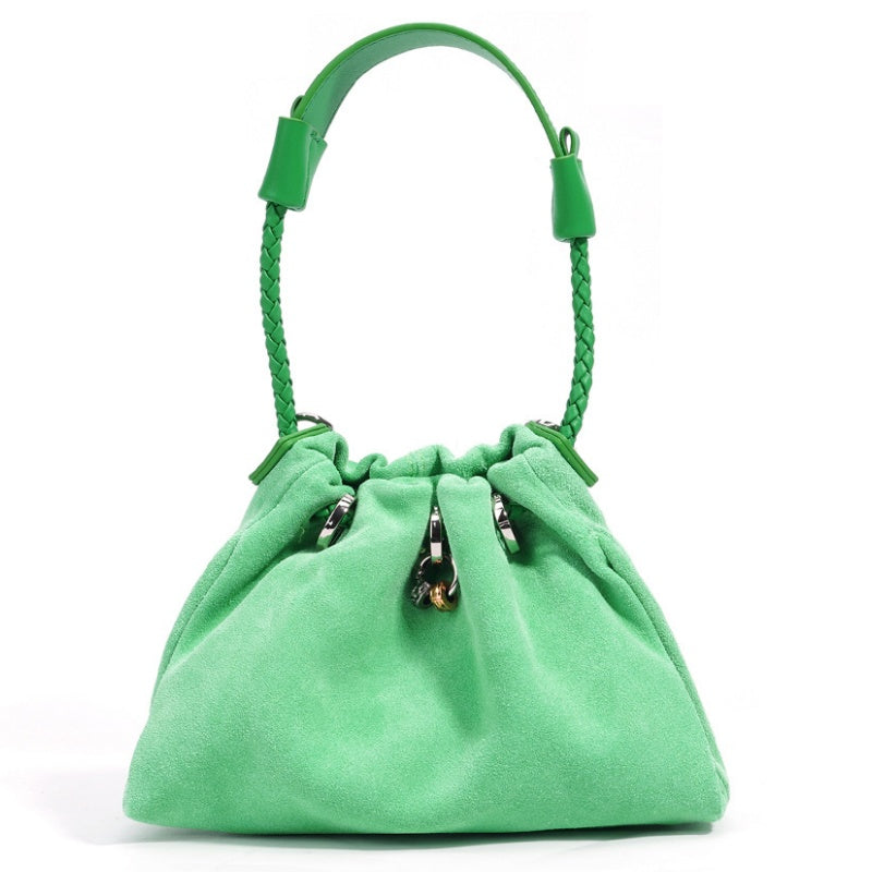 GOKA & MESCHÉ Suede Drawstring Shoulder Bag – Casual Slouchy Handbag with Braided Strap (21 x 16 x 8 cm)