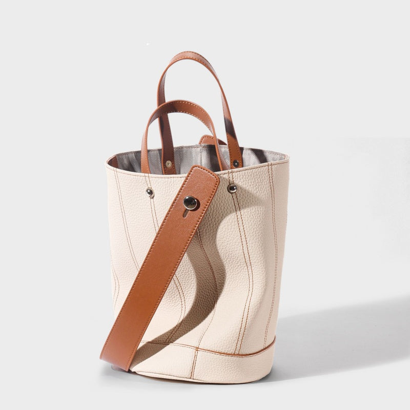 GOKA & MESCHÉ Premium Leather Bucket Bag – Beige with Tan Straps, Top-Grain Leather Tote (27 x 23 x 17 cm)