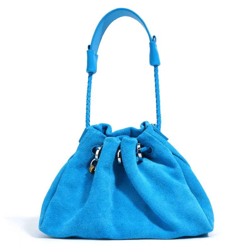 GOKA & MESCHÉ Suede Drawstring Shoulder Bag – Casual Slouchy Handbag with Braided Strap (21 x 16 x 8 cm)
