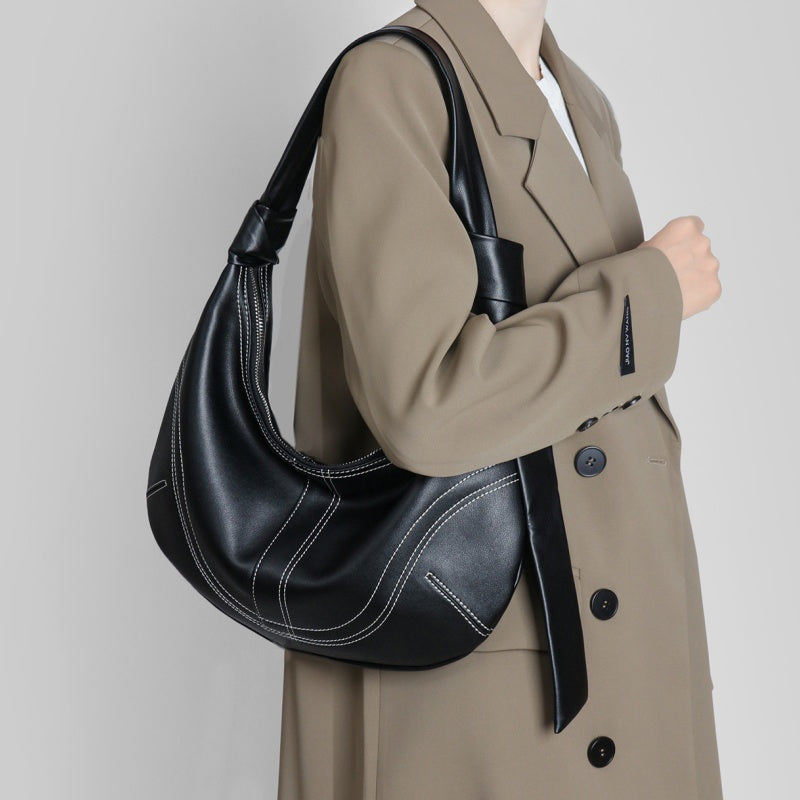 GOKA & MESCHÉ Classic Hobo Shoulder Bag – Genuine Top-Grain Leather Crescent Design (Beige or Black)