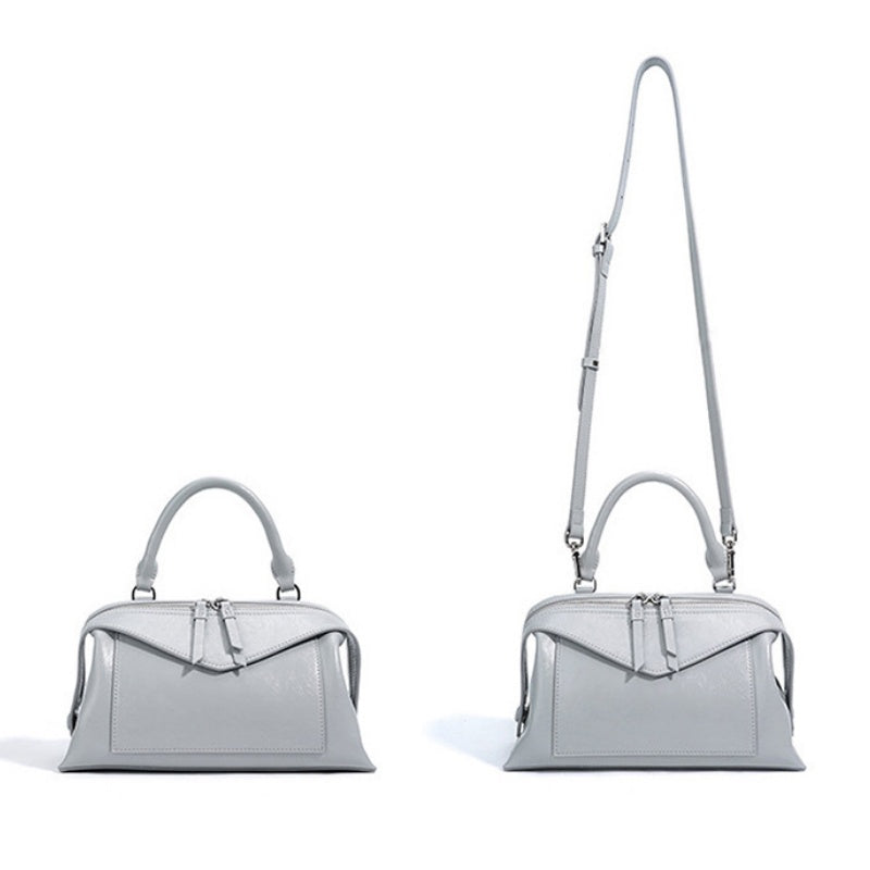 GOKA & MESCHÉ Elegant Leather Handbag – Gray Premium Top-Grain Leather Compact Shoulder Bag with Dual Zipper Design (25 x 14 x 10 cm)