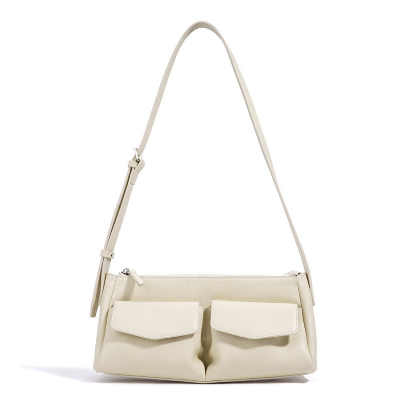 GOKA & MESCHÉ Elegant Shoulder Bag – Khaki Top-Grain Leather with Double Front Pocket Design (28 x 13 x 9 cm)