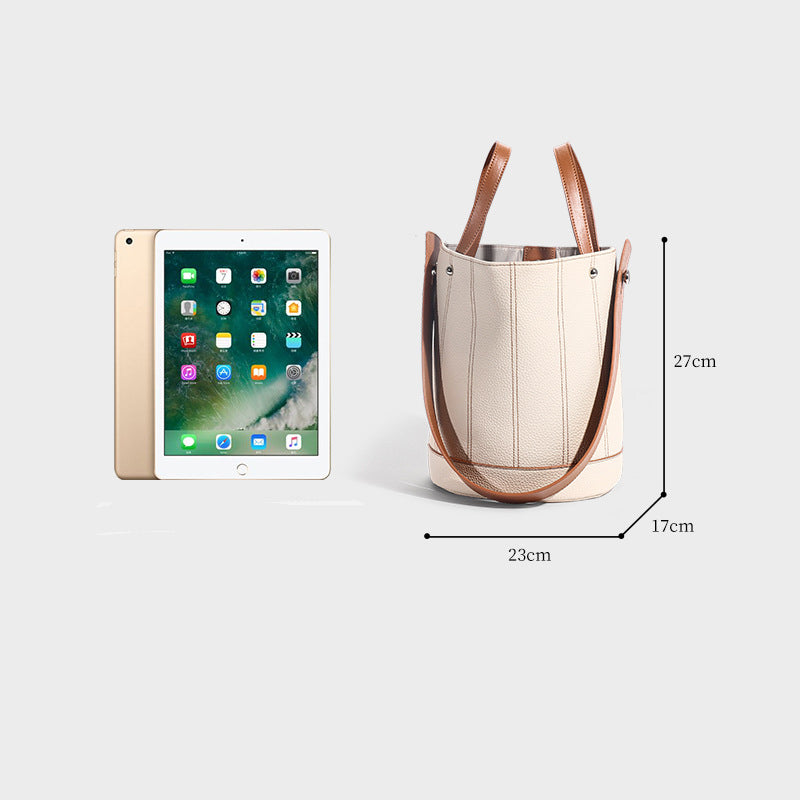 GOKA & MESCHÉ Premium Leather Bucket Bag – Beige with Tan Straps, Top-Grain Leather Tote (27 x 23 x 17 cm)