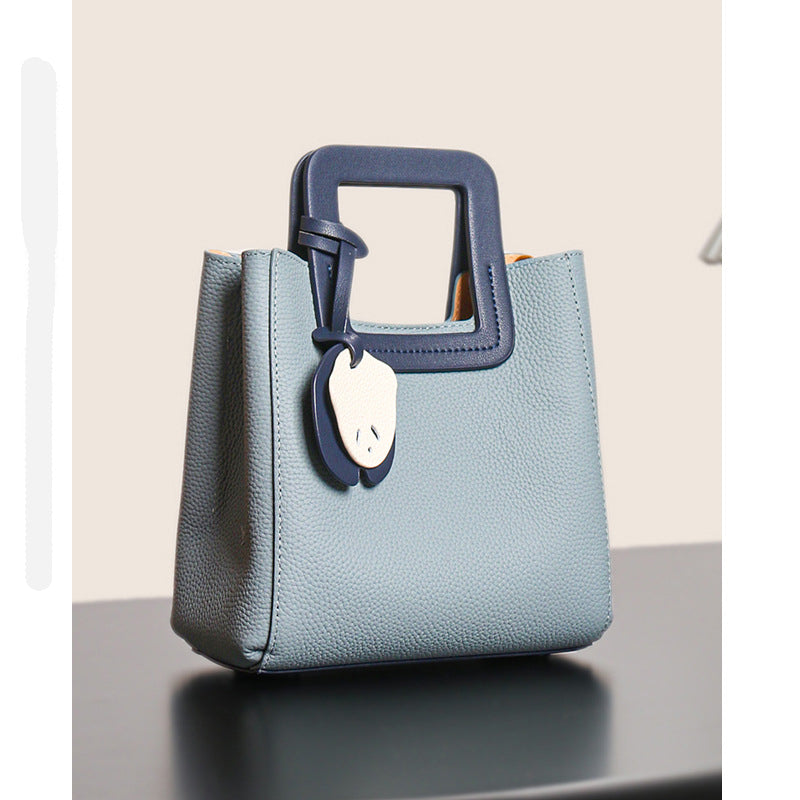 GOKA & MESCHÉ Stylish Mini Tote Handbag – Light Blue Top-Grain Leather with Square Handle & Panda Charm (19 x 9 x 19 cm)