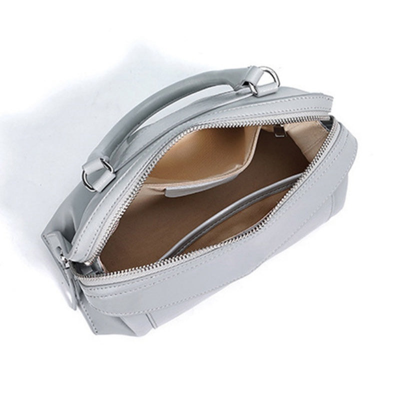GOKA & MESCHÉ Elegant Leather Handbag – Gray Premium Top-Grain Leather Compact Shoulder Bag with Dual Zipper Design (25 x 14 x 10 cm)