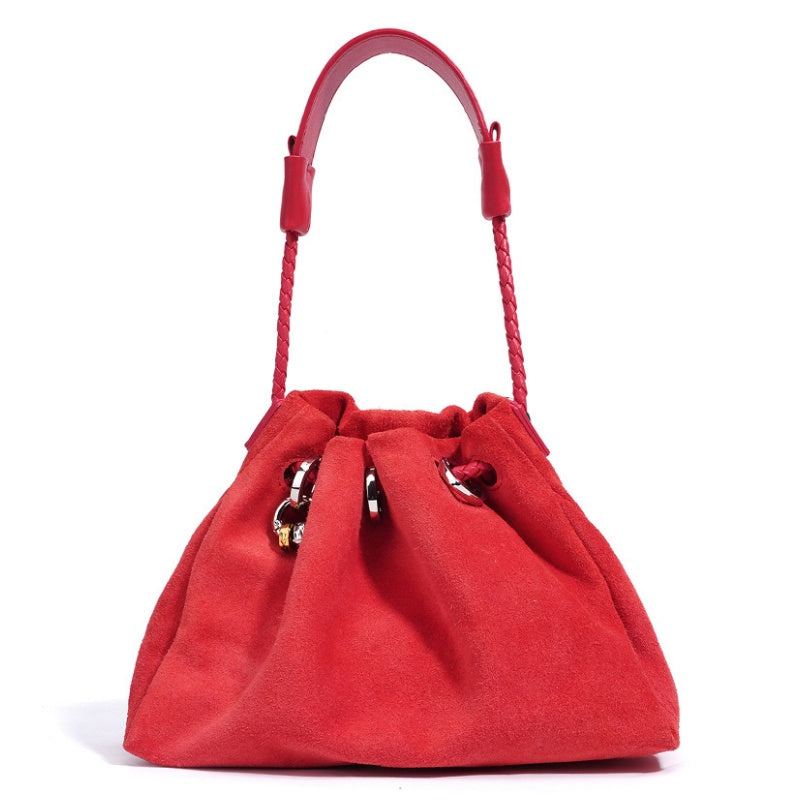 GOKA & MESCHÉ Suede Drawstring Shoulder Bag – Casual Slouchy Handbag with Braided Strap (21 x 16 x 8 cm)