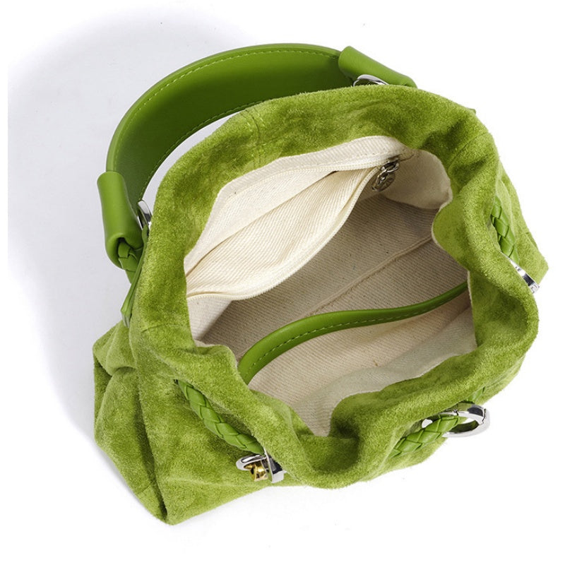 GOKA & MESCHÉ Suede Drawstring Shoulder Bag – Casual Slouchy Handbag with Braided Strap (21 x 16 x 8 cm)