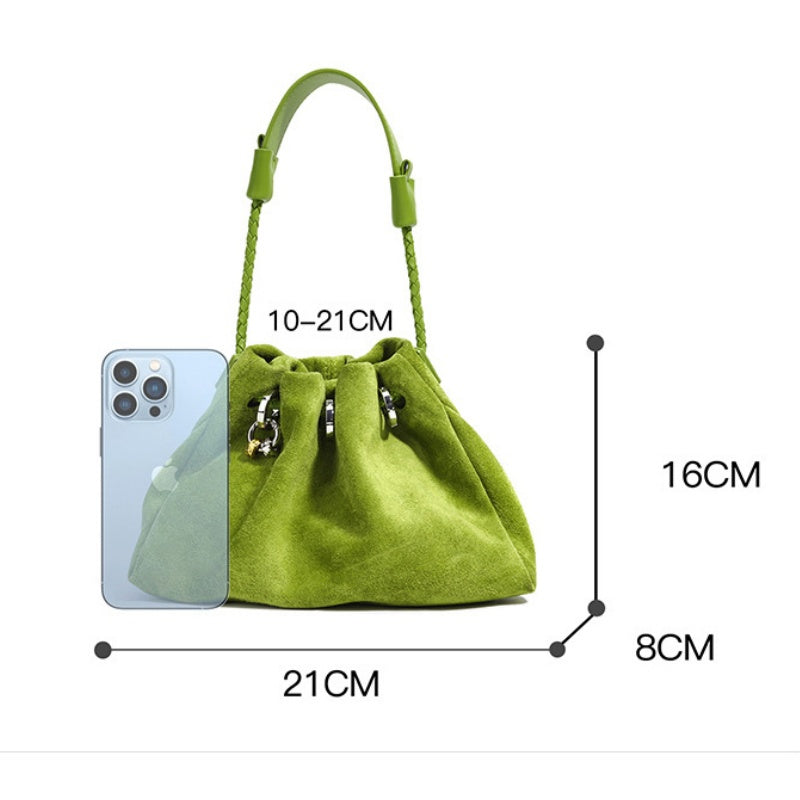 GOKA & MESCHÉ Suede Drawstring Shoulder Bag – Casual Slouchy Handbag with Braided Strap (21 x 16 x 8 cm)