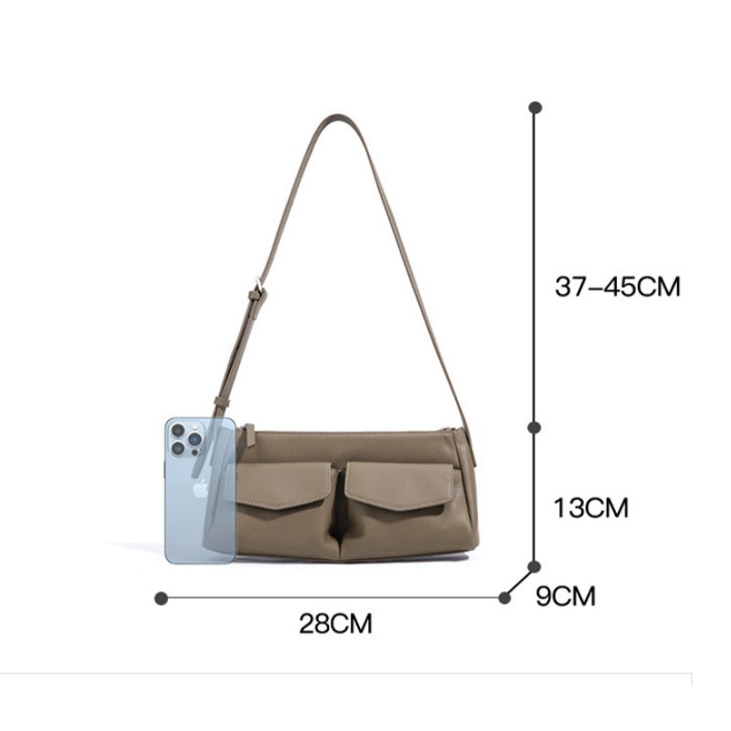 GOKA & MESCHÉ Elegant Shoulder Bag – Khaki Top-Grain Leather with Double Front Pocket Design (28 x 13 x 9 cm)