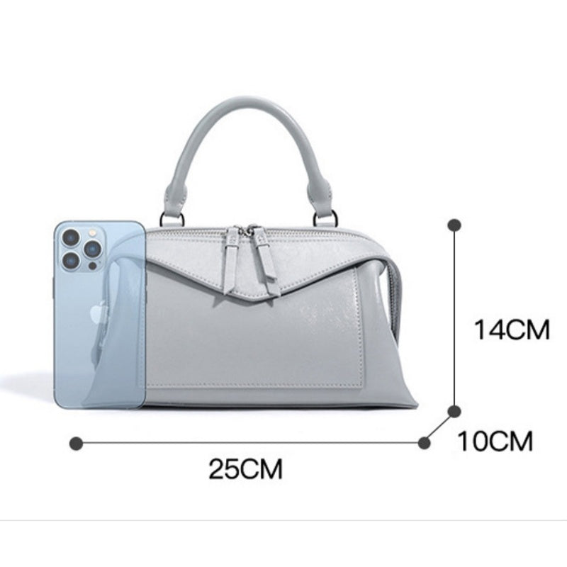 GOKA & MESCHÉ Elegant Leather Handbag – Gray Premium Top-Grain Leather Compact Shoulder Bag with Dual Zipper Design (25 x 14 x 10 cm)