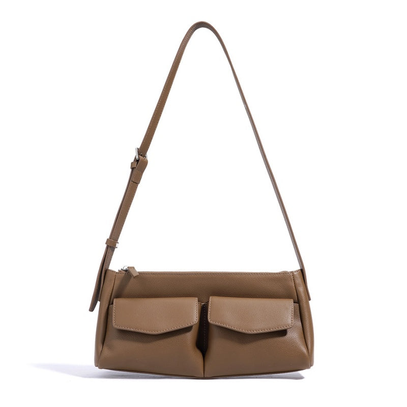 GOKA & MESCHÉ Elegant Shoulder Bag – Khaki Top-Grain Leather with Double Front Pocket Design (28 x 13 x 9 cm)