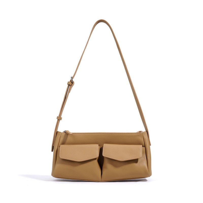 GOKA & MESCHÉ Elegant Shoulder Bag – Khaki Top-Grain Leather with Double Front Pocket Design (28 x 13 x 9 cm)