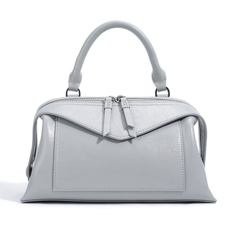 GOKA & MESCHÉ Elegant Leather Handbag – Gray Premium Top-Grain Leather Compact Shoulder Bag with Dual Zipper Design (25 x 14 x 10 cm)