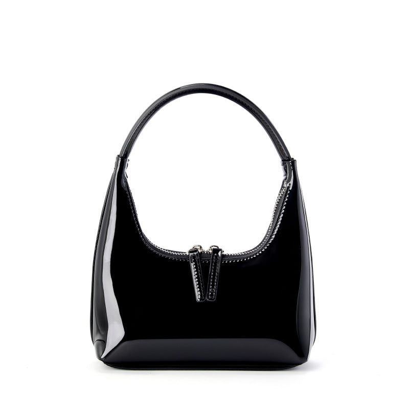 GOKA & MESCHÉ Mini Patent Leather Hobo Shoulder Bag – Small Crescent Shape Purse with Double Zip