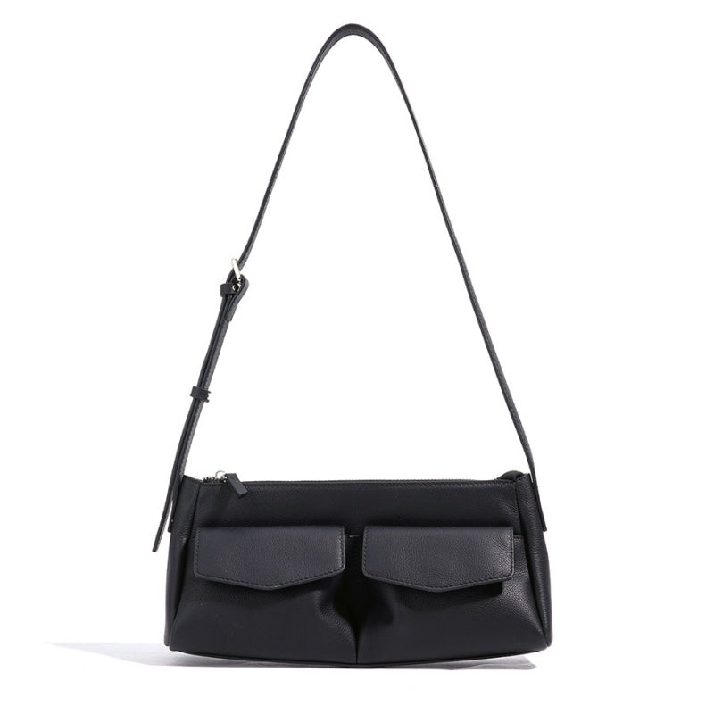 GOKA & MESCHÉ Elegant Shoulder Bag – Khaki Top-Grain Leather with Double Front Pocket Design (28 x 13 x 9 cm)