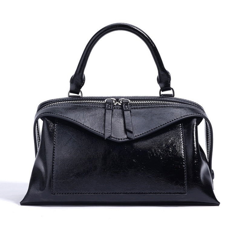 GOKA & MESCHÉ Elegant Leather Handbag – Gray Premium Top-Grain Leather Compact Shoulder Bag with Dual Zipper Design (25 x 14 x 10 cm)