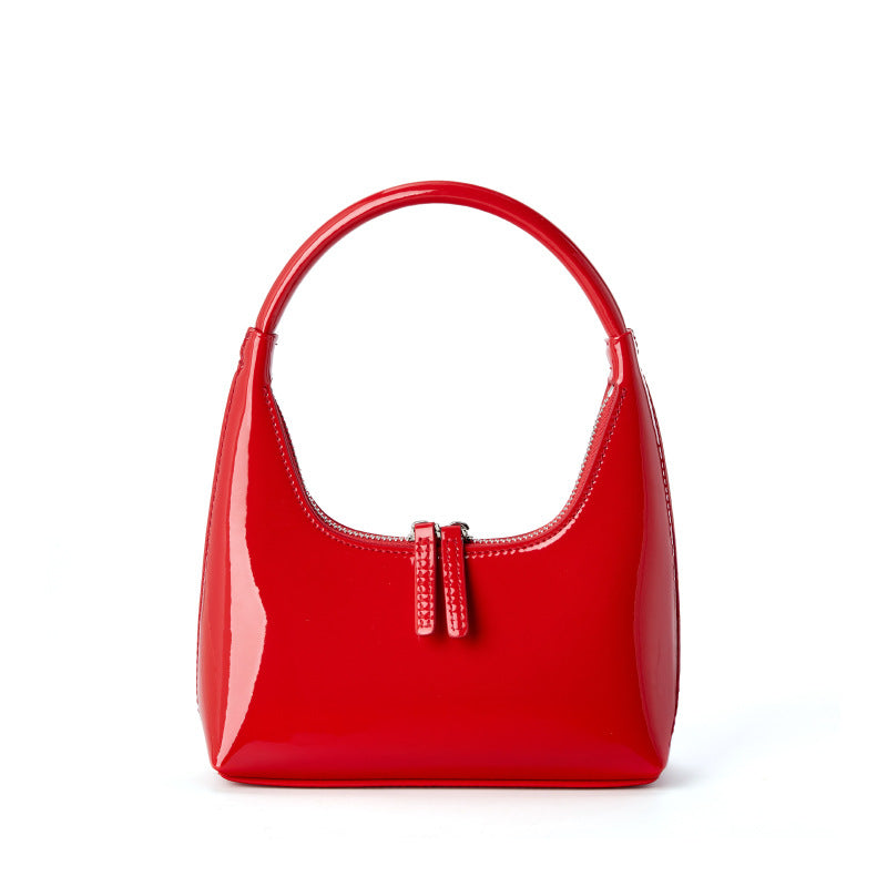 GOKA & MESCHÉ Mini Patent Leather Hobo Shoulder Bag – Small Crescent Shape Purse with Double Zip