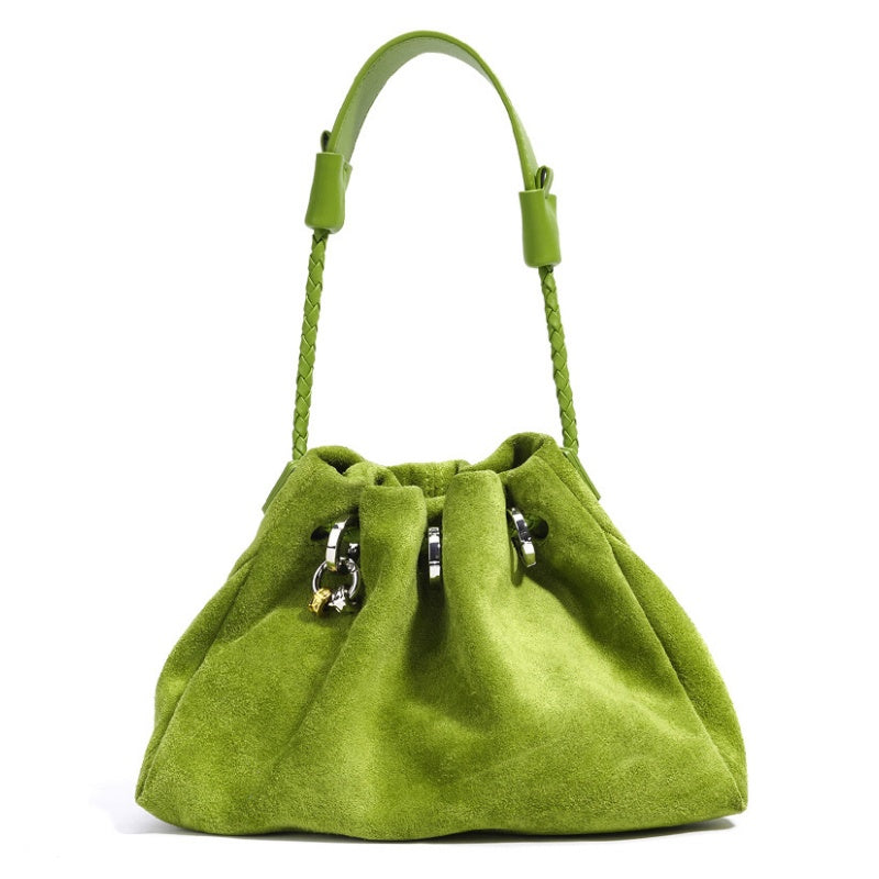GOKA & MESCHÉ Suede Drawstring Shoulder Bag – Casual Slouchy Handbag with Braided Strap (21 x 16 x 8 cm)