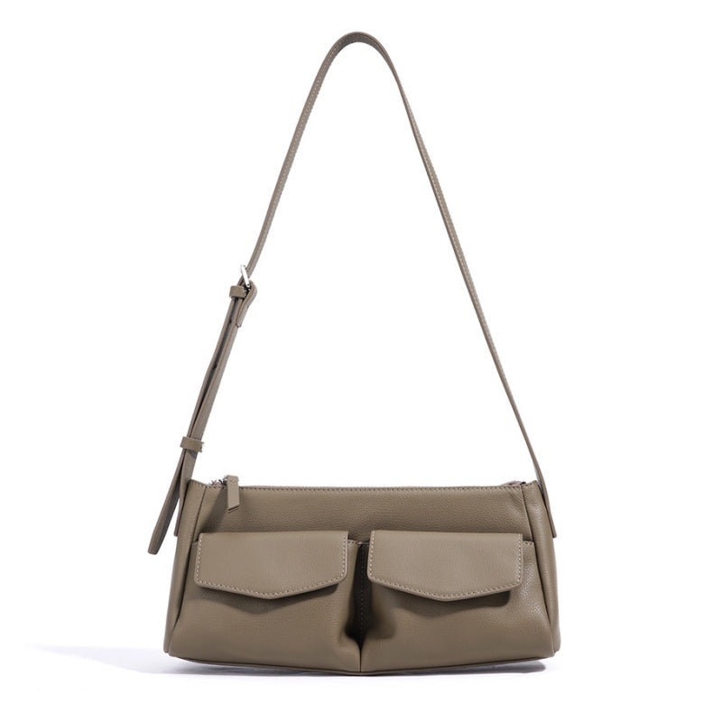GOKA & MESCHÉ Elegant Shoulder Bag – Khaki Top-Grain Leather with Double Front Pocket Design (28 x 13 x 9 cm)