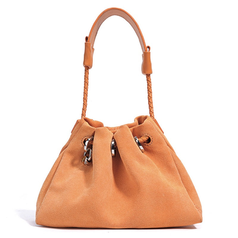 GOKA & MESCHÉ Suede Drawstring Shoulder Bag – Casual Slouchy Handbag with Braided Strap (21 x 16 x 8 cm)