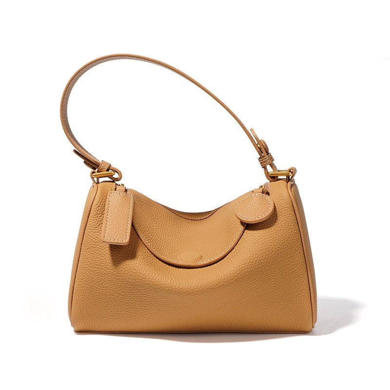 GOKA & MESCHÉ Luxury Pebbled Leather Hobo Shoulder Bag – Tan Top-Grain Leather with Gold Hardware (24 x 11 x 15 cm)