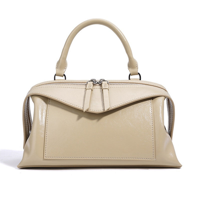 GOKA & MESCHÉ Elegant Leather Handbag – Gray Premium Top-Grain Leather Compact Shoulder Bag with Dual Zipper Design (25 x 14 x 10 cm)