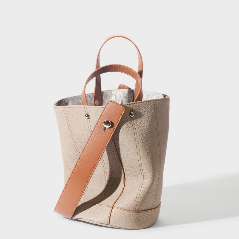 GOKA & MESCHÉ Premium Leather Bucket Bag – Beige with Tan Straps, Top-Grain Leather Tote (27 x 23 x 17 cm)