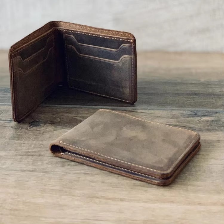 GOKA & MESCHÉ Crazy Horse Leather Wallet for Men – Bifold Genuine Leather Card Holder