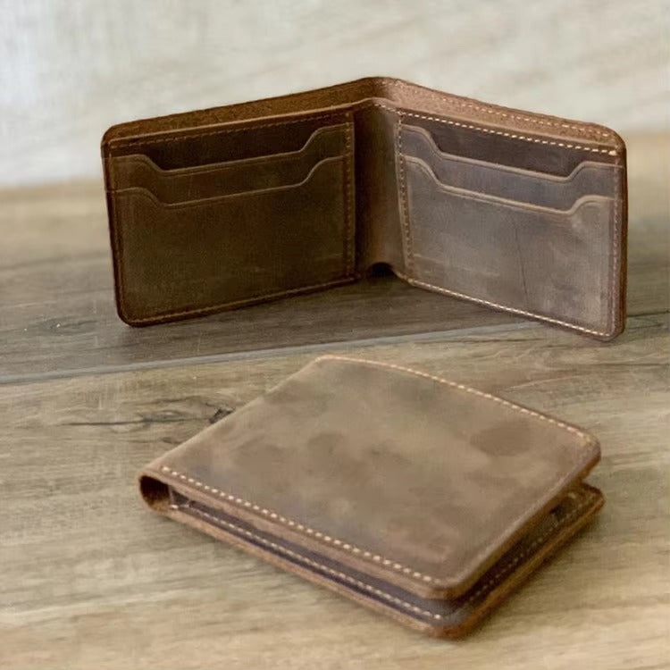 GOKA & MESCHÉ Crazy Horse Leather Wallet for Men – Bifold Genuine Leather Card Holder