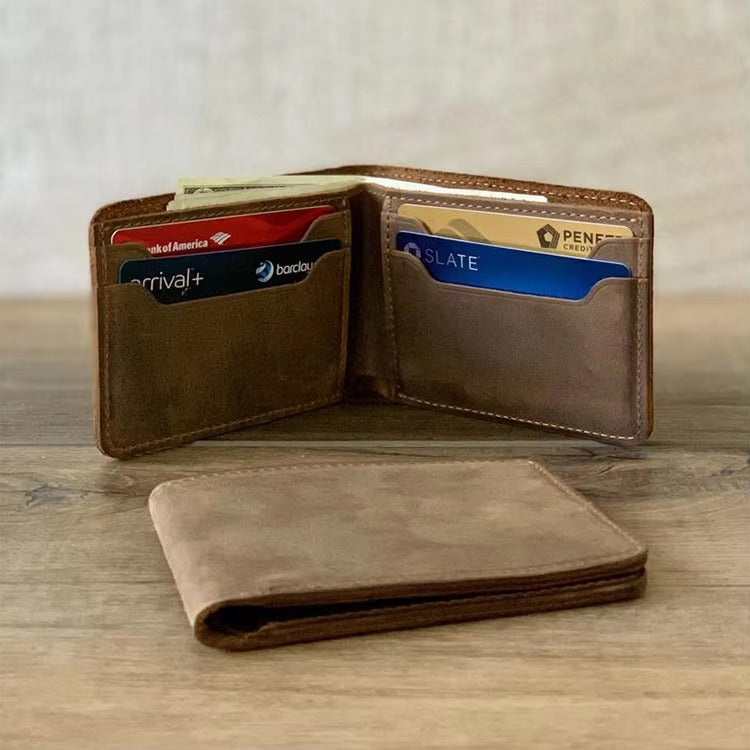 GOKA & MESCHÉ Crazy Horse Leather Wallet for Men – Bifold Genuine Leather Card Holder