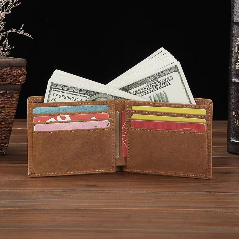 GOKA & MESCHÉ Men’s Short Leather Wallet – Crazy Horse Genuine Leather Card Holder Purse